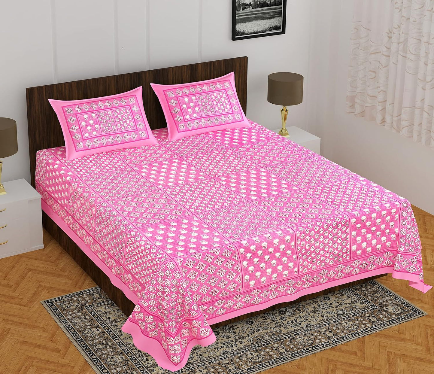 Rajasthani Jaipuri Square Design 100% Cotton Bedsheet with Pillow Covers