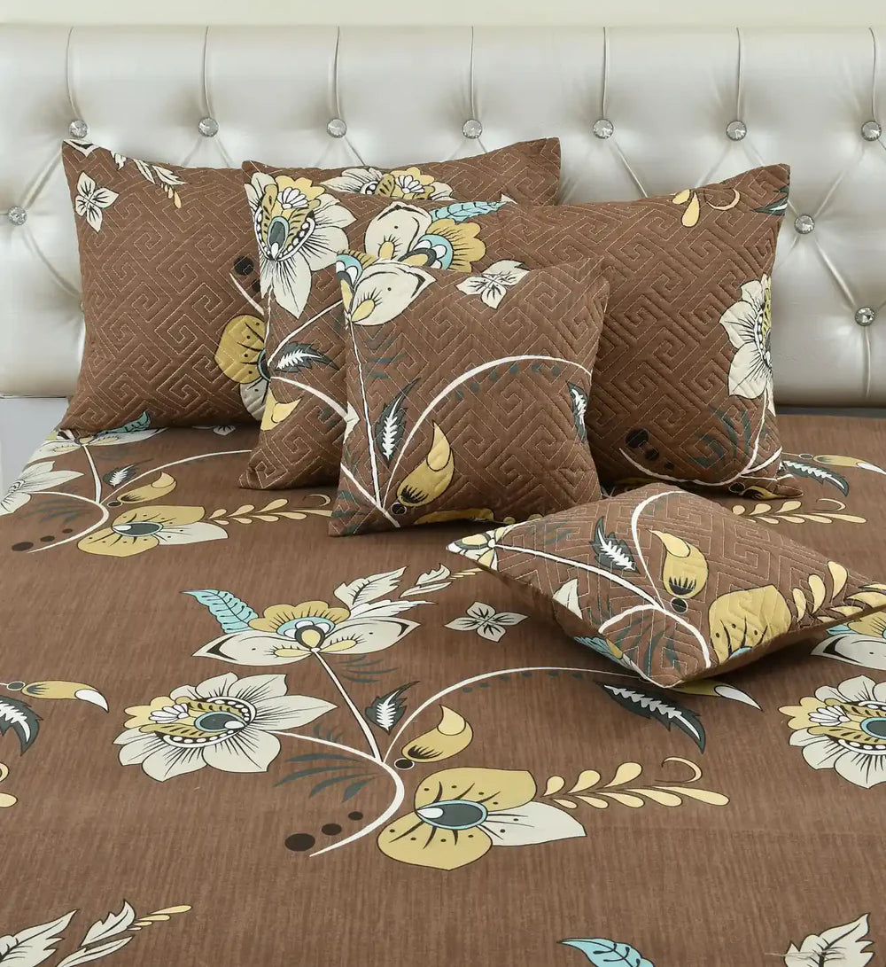 Caramello Brown Floral Nest 5-Piece Premium Quilted Bedsheet Set