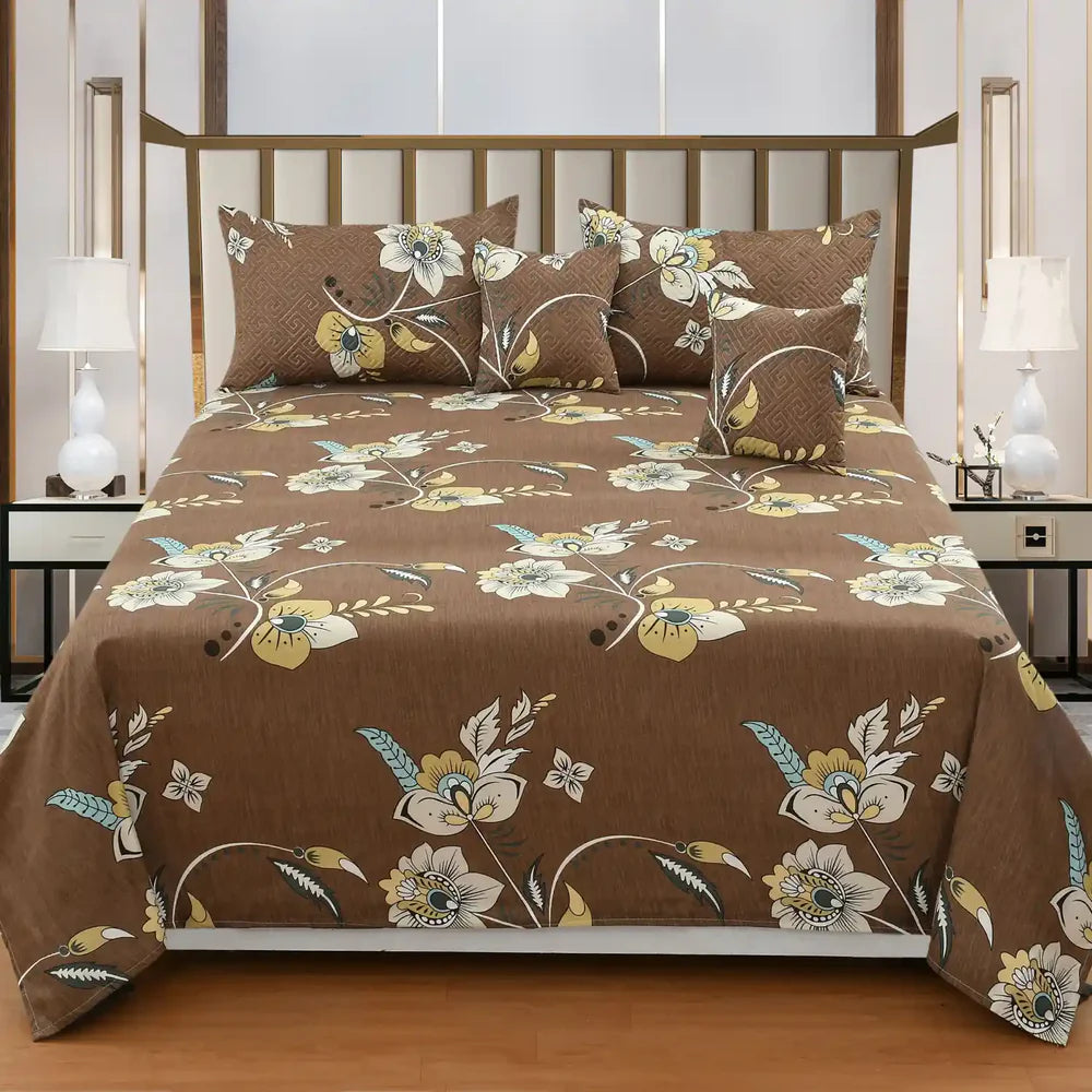 Caramello Brown Floral Nest 5-Piece Premium Quilted Bedsheet Set