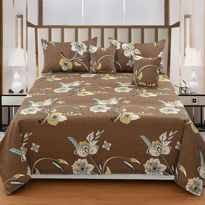 Caramello Brown Floral Nest 5-Piece Premium Quilted Bedsheet Set