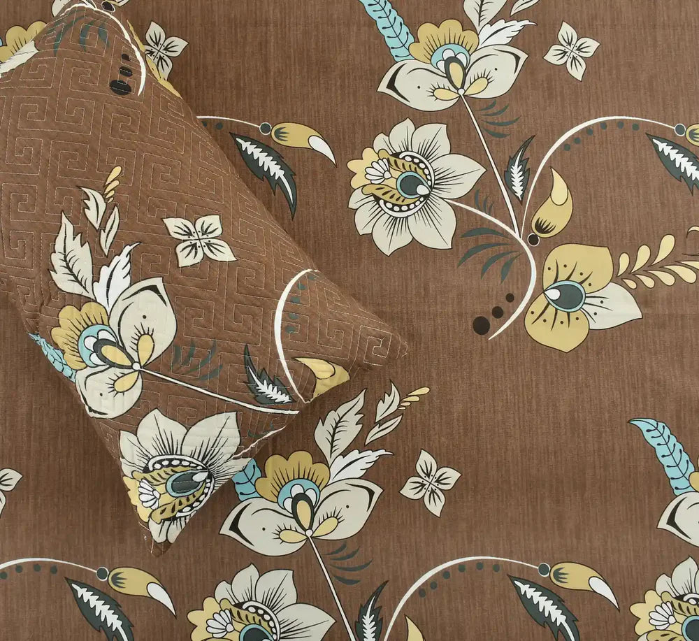 Caramello Brown Floral Nest 5-Piece Premium Quilted Bedsheet Set