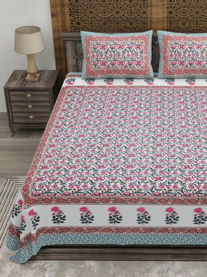 Rangloom Fabrics Green Floral Pure Cotton 180 TC King Fine Bedsheet with 2 Pillow Covers-275 x 225 cm