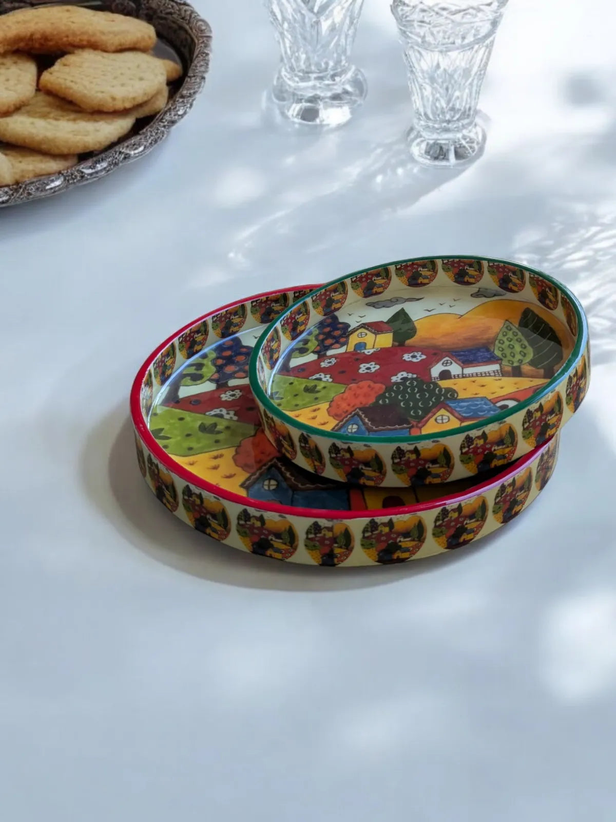 Handcrafted Decorative Countryside Charm MDF Tray Set (Pack of 2)