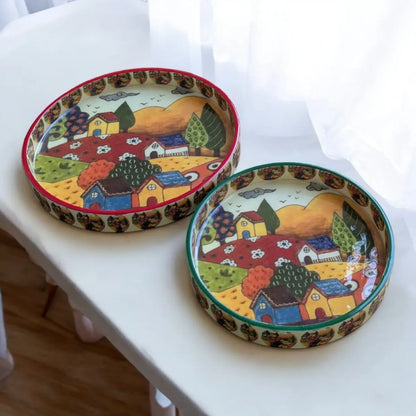 Handcrafted Decorative Countryside Charm MDF Tray Set (Pack of 2)