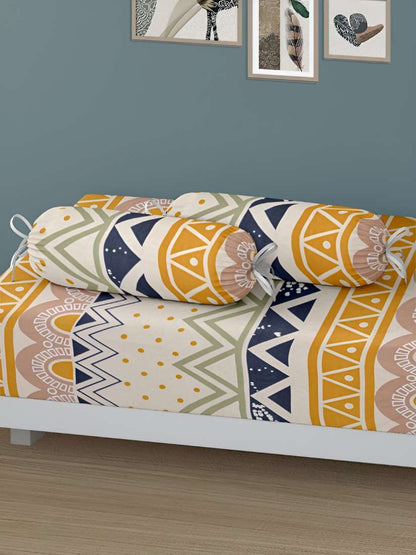 Yellow & Cream Printed Geometric Cotton Diwan Set – 8 Pieces