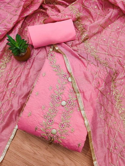 Rani Raiment Floral Embroidered Thread Work Chanderi Silk Unstitched Dress Material