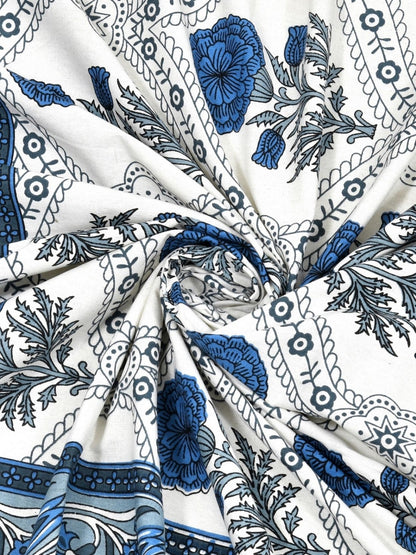 Rangloom Fabrics Blue Floral Pure Cotton 180 TC King Fine Bedsheet with 2 Pillow Covers