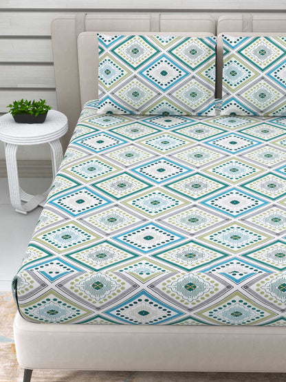 Rangloom Fabrics Double Glazed Green Ethnic Motifs Cotton 220 TC Queen Fine Bedsheet with 2 Pillow Covers