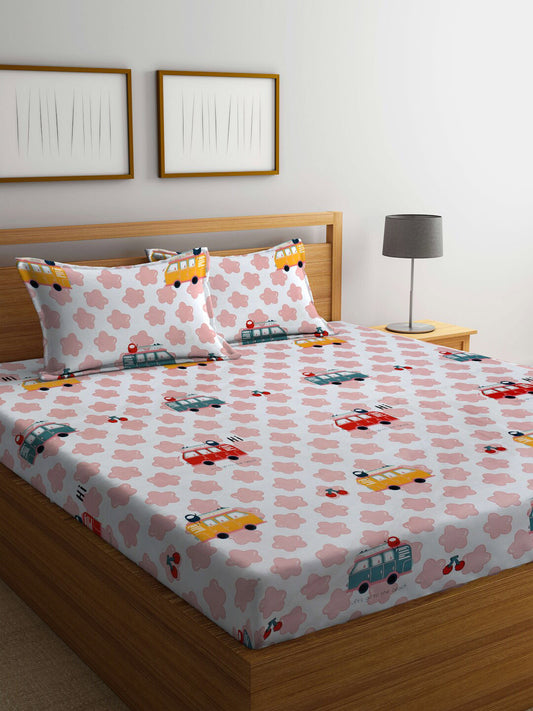 Rangloom Fabrics White Conversational Polycotton 300 TC King Fine Bedsheet with 2 Pillow Covers
