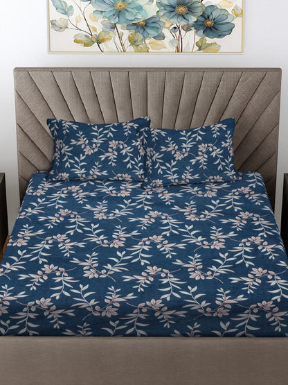 Rangloom Fabrics Blue Floral 300 TC Double King Bedsheet With 2 Pillow Covers
