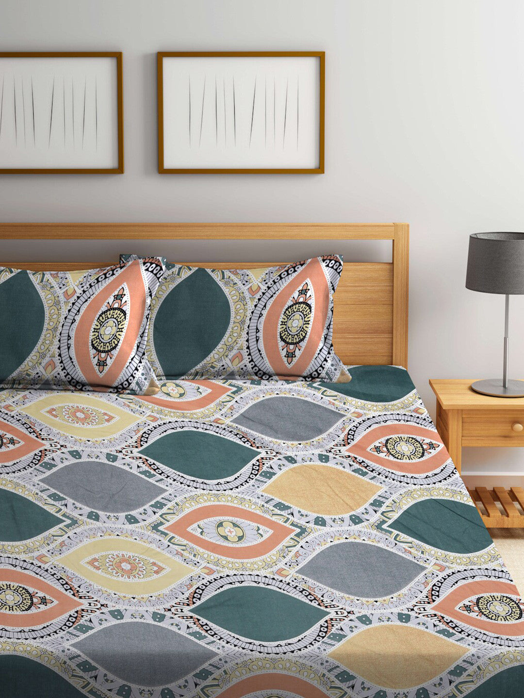 Rangloom Fabrics Green Ethnic Motifs Cotton 300 TC King Fine Bedsheet with 2 Pillow Covers