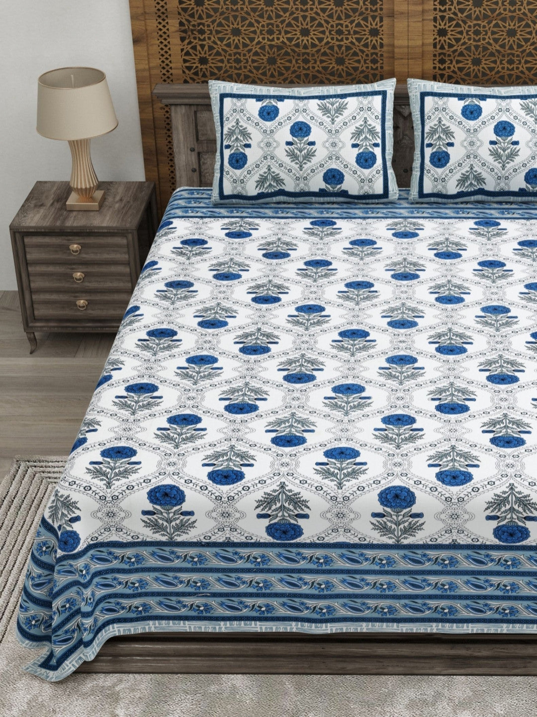 Rangloom Fabrics Blue Floral Pure Cotton 180 TC King Fine Bedsheet with 2 Pillow Covers