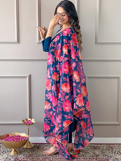 Rani Raiment Turquoise Blue Floral Embroidered Regular Thread Work With Trousers & Dupatta