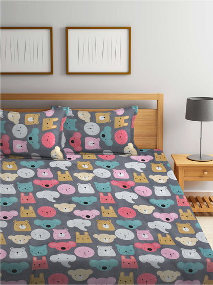Rangloom Fabrics Blue Conversational Polycotton 300 TC King Fine Bedsheet with 2 Pillow Covers