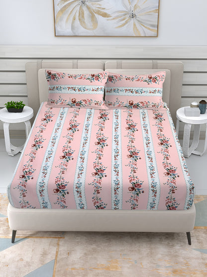 Rangloom Fabrics Pink Floral Polycotton Breathable 300 TC King Fine Bedsheet with 2 Pillow Covers