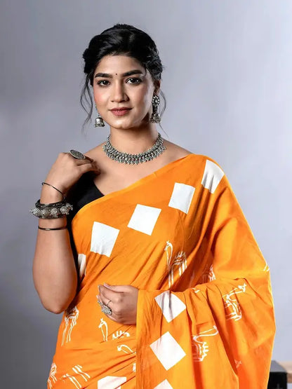 Jaipuri Hand Block Print Cotton Mulmul Saree with Blouse Piece