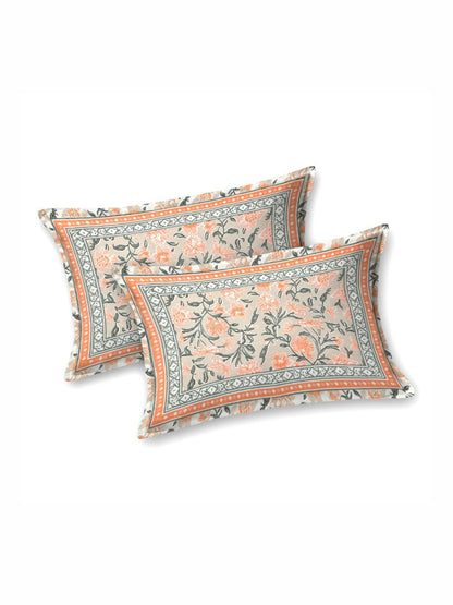 Rangloom Fabrics Orange Floral Pure Cotton 180 TC King Fine Bedsheet with 2 Pillow Covers-108 x 89 inches