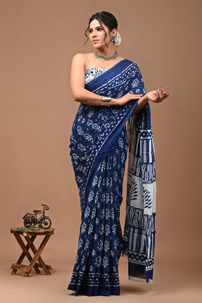 Ethnic Motifs Pure Soft Muslin Cotton Bagru Printed Saree