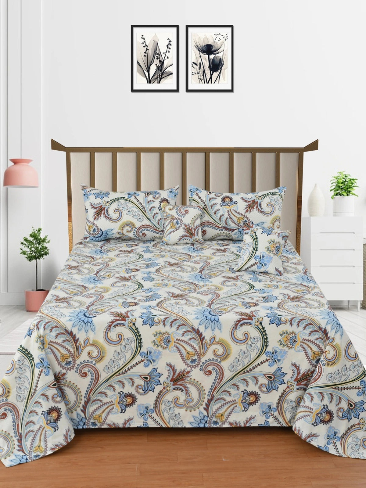 Royal Bloom 5-Piece Embroidered Cotton Bedsheet Set – King Size