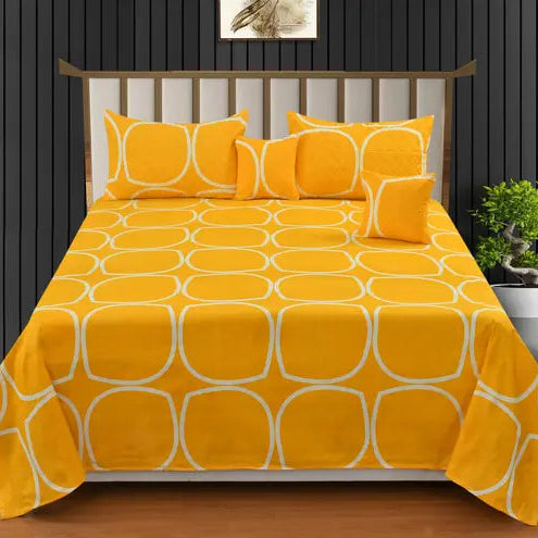 Vibrant Yellow Checked Bedsheet Set – Glace Cotton Comfort 5-Piece