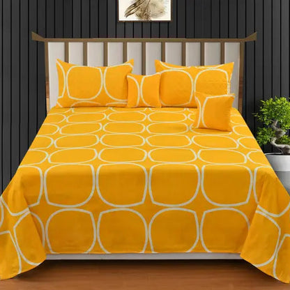 Vibrant Yellow Checked Bedsheet Set – Glace Cotton Comfort 5-Piece