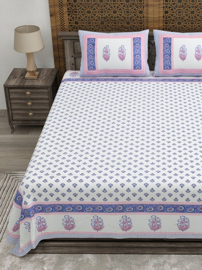 Rangloom Fabrics Blue Floral Pure Cotton 180 TC King Fine Bedsheet with 2 Pillow Covers-108 x 89 inches