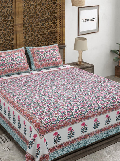 Rangloom Fabrics Green Floral Pure Cotton 180 TC King Fine Bedsheet with 2 Pillow Covers-275 x 225 cm