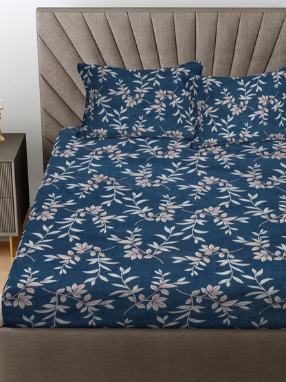 Rangloom Fabrics Blue Floral 300 TC Double King Bedsheet With 2 Pillow Covers