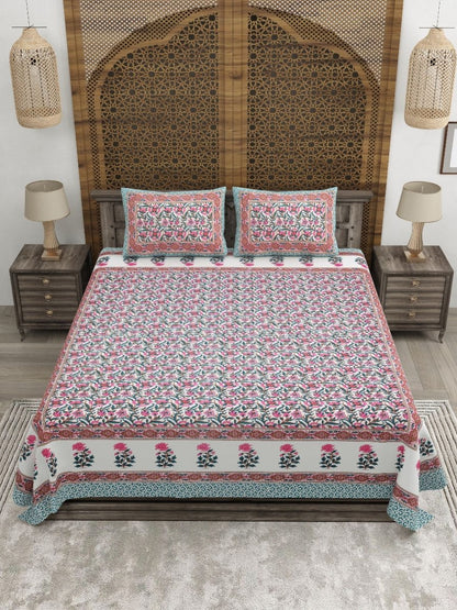 Rangloom Fabrics Green Floral Pure Cotton 180 TC King Fine Bedsheet with 2 Pillow Covers-275 x 225 cm