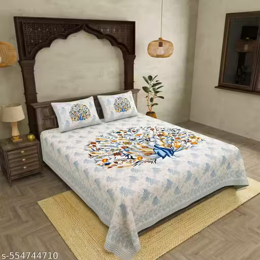 Rangloom Fabrics Dancing Peacock Blue Floral Cotton 250 TC Queen Fine Bedsheet with 2 Pillow Covers