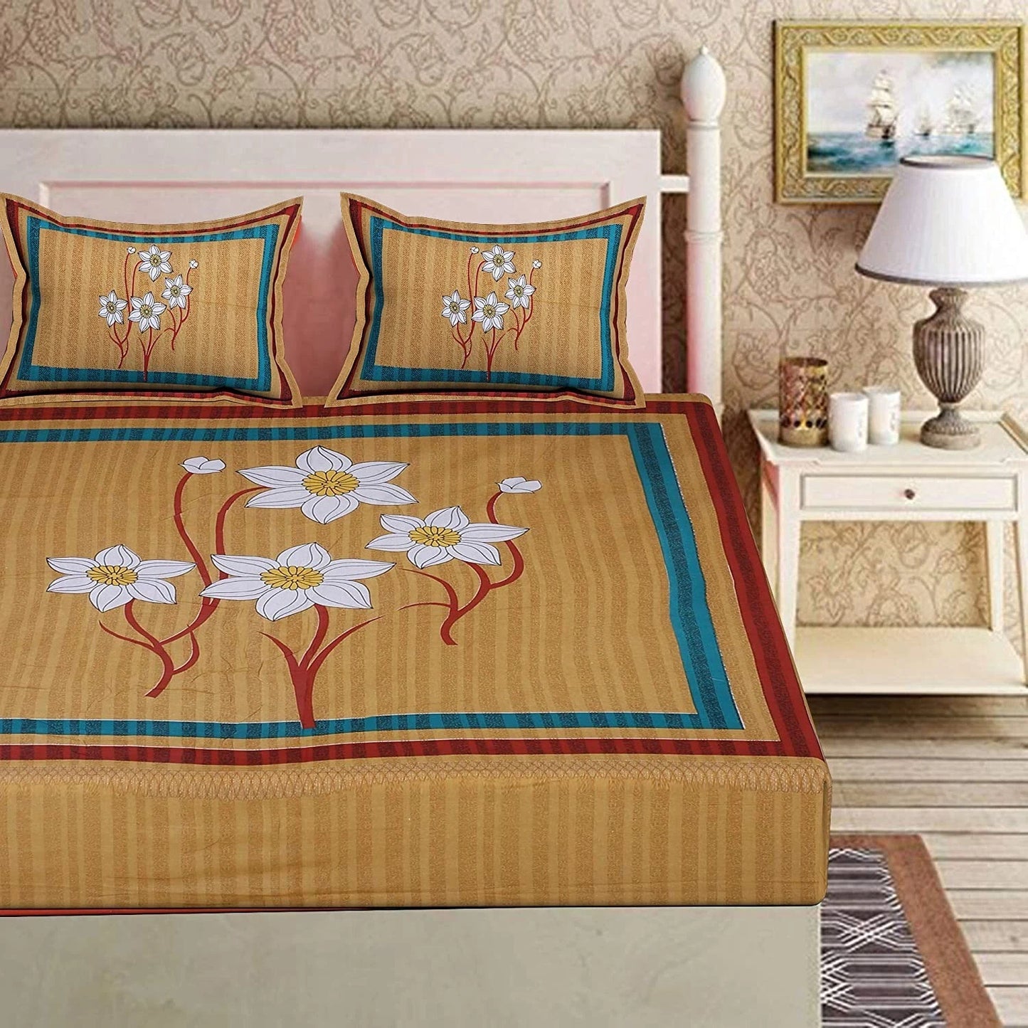 Rajasthani Jaipuri Floral 100% Cotton Bedsheet with 2 Pillow Covers