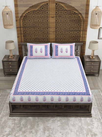 Rangloom Fabrics Blue Floral Pure Cotton 180 TC King Fine Bedsheet with 2 Pillow Covers-108 x 89 inches