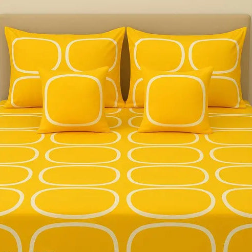 Vibrant Yellow Checked Bedsheet Set – Glace Cotton Comfort 5-Piece