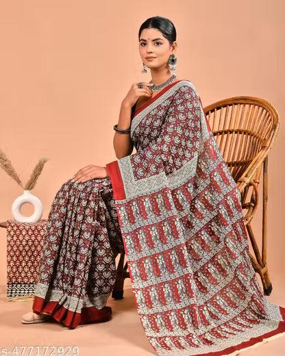 Bagru Hand Block Printed Soft Cotton Mulmul Saree
