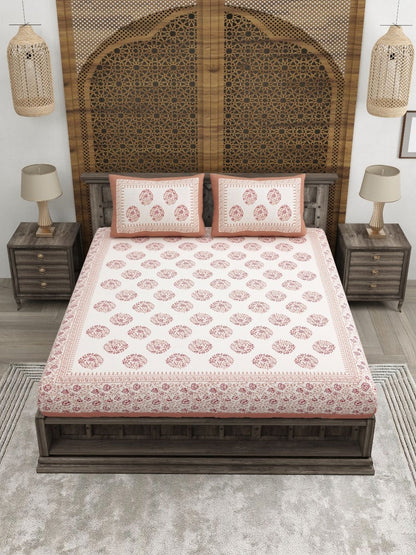 Rangloom Fabrics Peach Floral Cotton 180 TC King Fine Bedsheet with 2 Pillow Covers