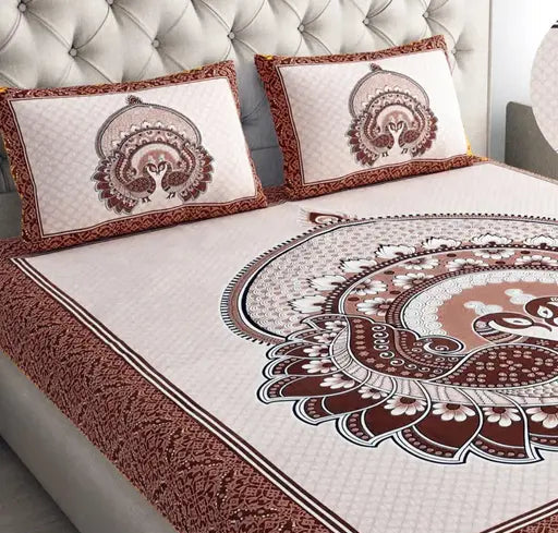 Peacock Design Jaipuri Printed 100% Pure Cotton Bedsheet With Pillow Covers